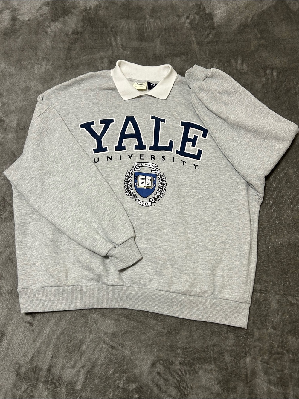 Pull&Bear Gray Crewneck Sweater with Navy Yale Logo and White Collar